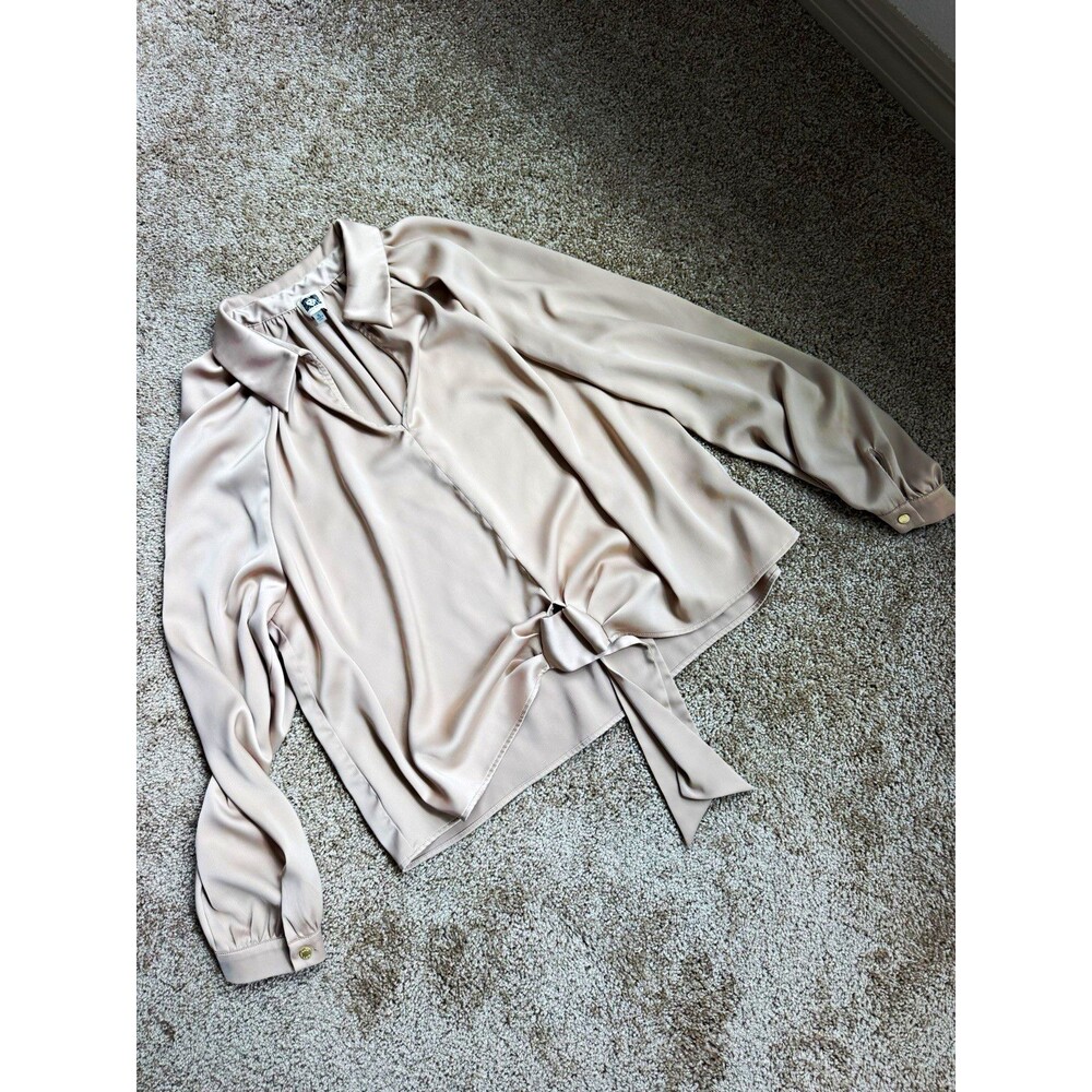 Anne Klein Women's XL Beige Satin Tie Neck Bow Long Sleeve Solid Blouse Top